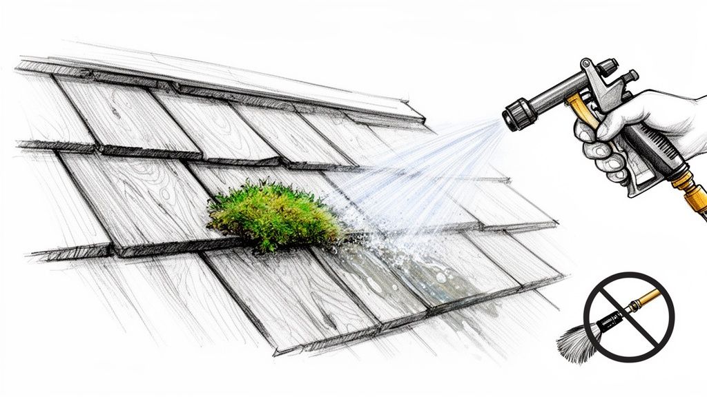 Illustration of water spraying a mossy cedar shake roof, demonstrating safe moss removal.