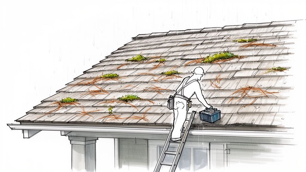 A person on a ladder cleaning a dirty cedar shake roof covered with moss and pine needles.
