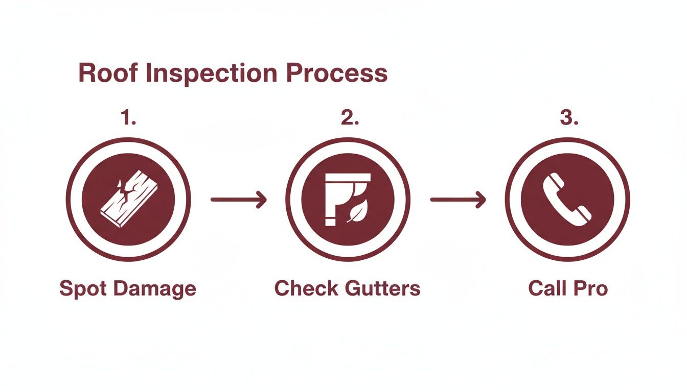 Three-step infographic outlining roof inspection process: spot damage, check gutters, and call a professional.