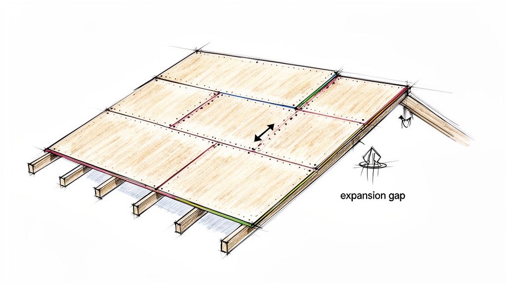 Detailed illustration of roof decking panels over wooden rafters, showing expansion gaps and joints.