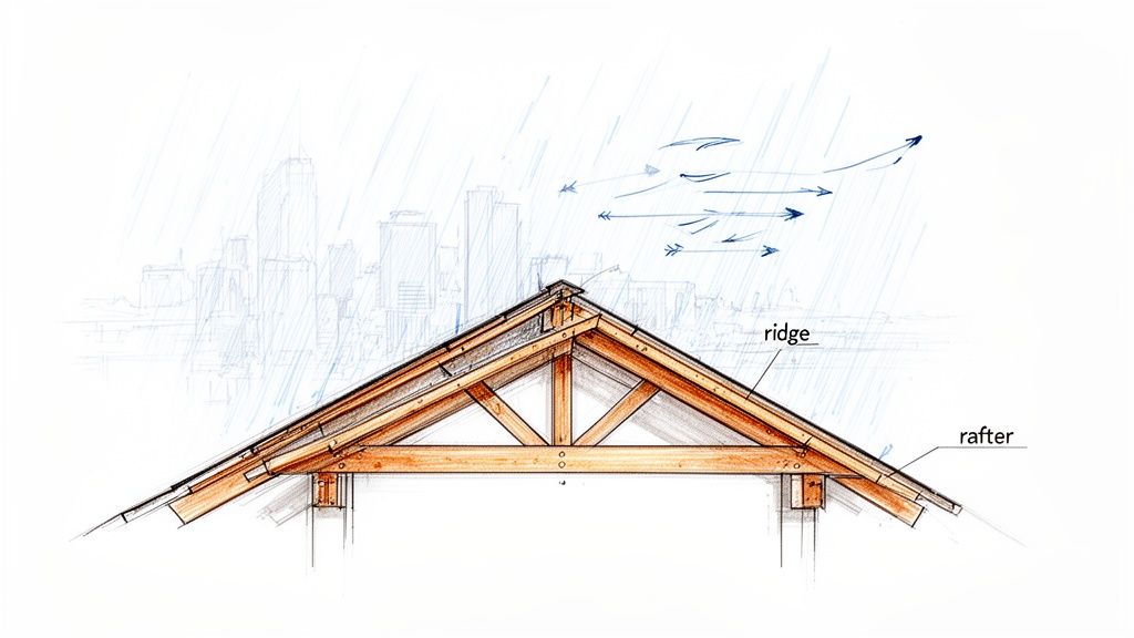 A cross-section illustration of a wooden roof truss showing ridge and rafter components with a city background.