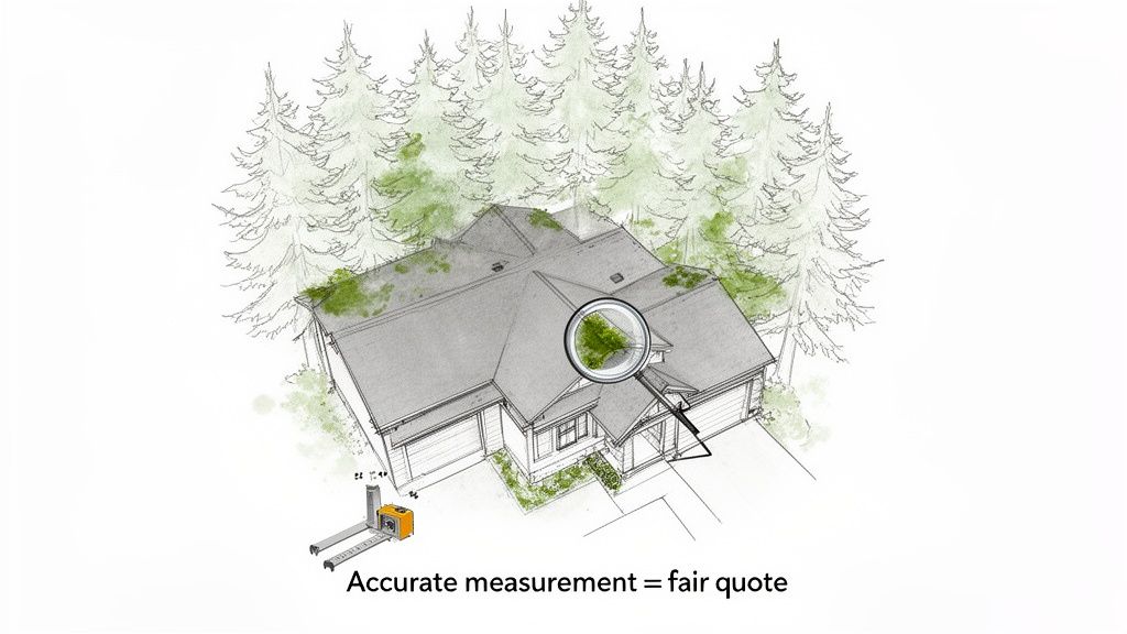 Sketch of a house with a magnifying glass and a measurement device for accurate quotes.