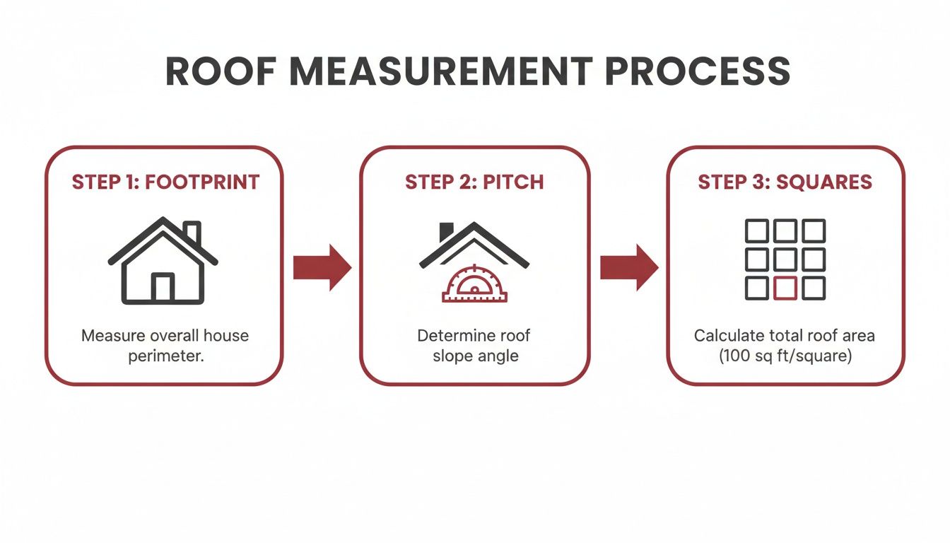 An infographic showing a three-step roof measurement process: footprint, pitch, and squares.