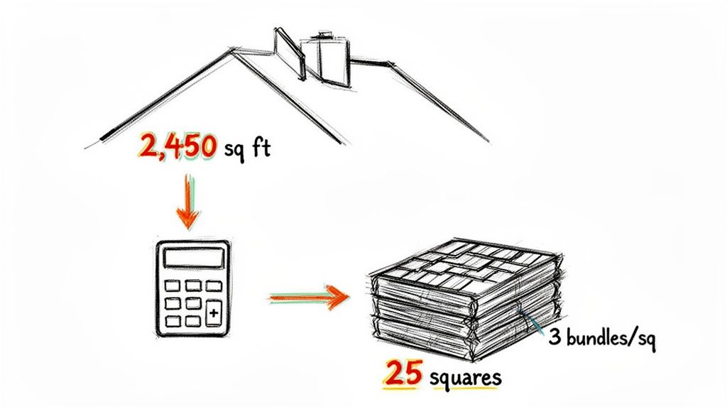 A diagram illustrates calculating roofing squares and bundles from a roof's square footage.