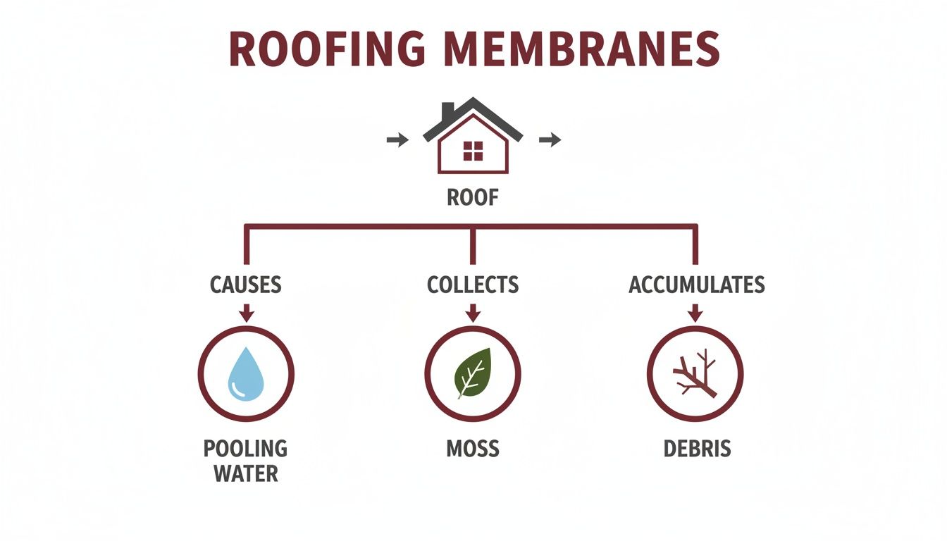 Flowchart illustrating common problems affecting roofs, including pooling water, collecting moss, and accumulating debris.