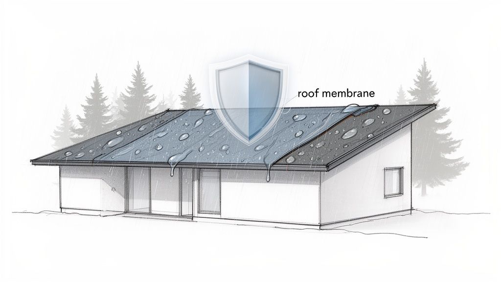 A drawing of a house with a sloped roof covered in raindrops, indicating protection by a roof membrane.