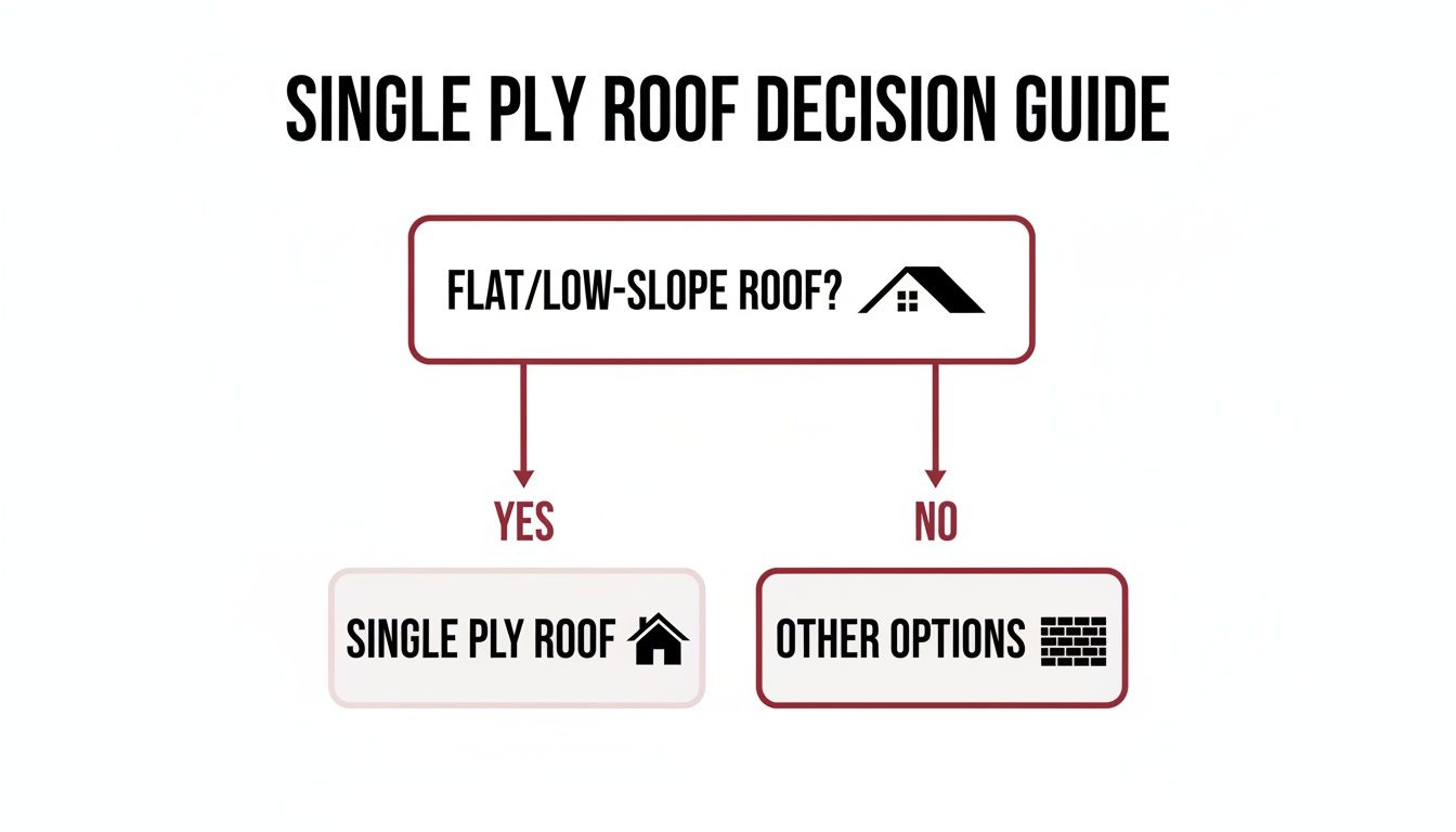 A decision guide flowchart for single ply roofs, showing if a roof is flat or low-slope.