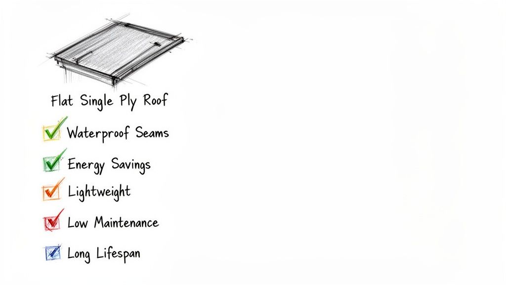 Illustration of a flat single ply roof with a list of its benefits: waterproof seams, energy savings, lightweight, low maintenance, and long lifespan.