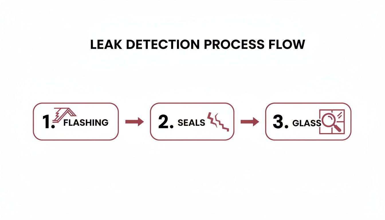 Visual flow chart depicting the leak detection process, focusing on flashing, seals, and glass.