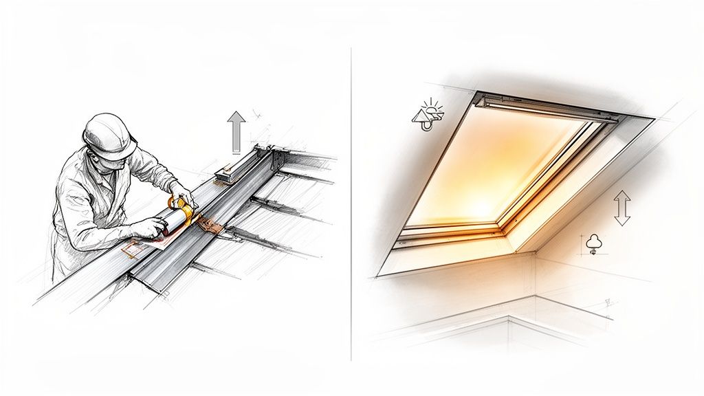 An illustration shows a worker sealing a roof structure and a bright skylight with weather icons.
