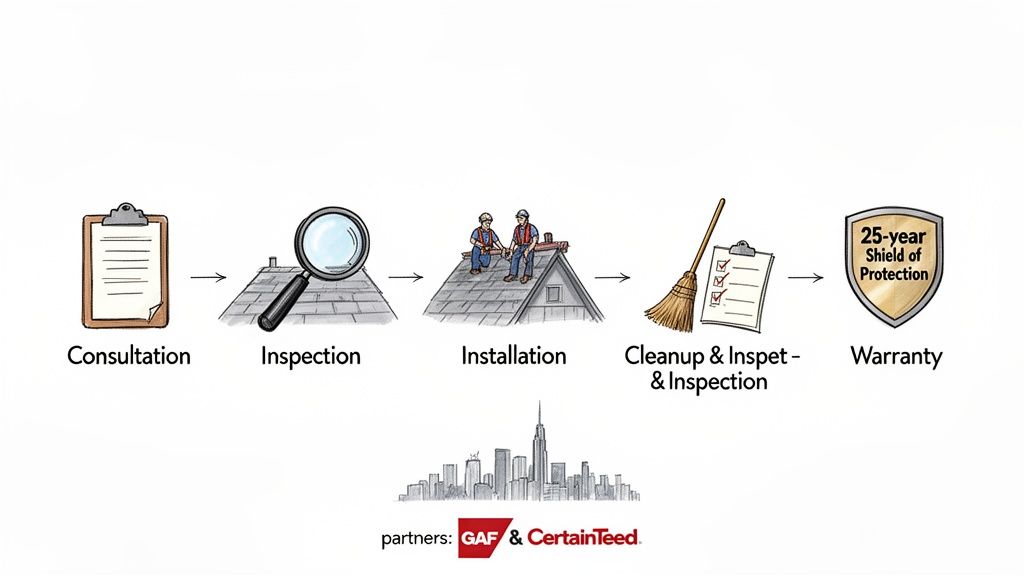 Infographic detailing the roofing service process, from initial consultation and inspection to installation, cleanup, and warranty.