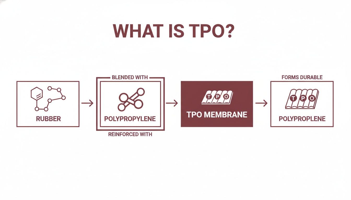 Infographic explaining TPO: Rubber blended with polypropylene forms TPO membrane, resulting in durable material.