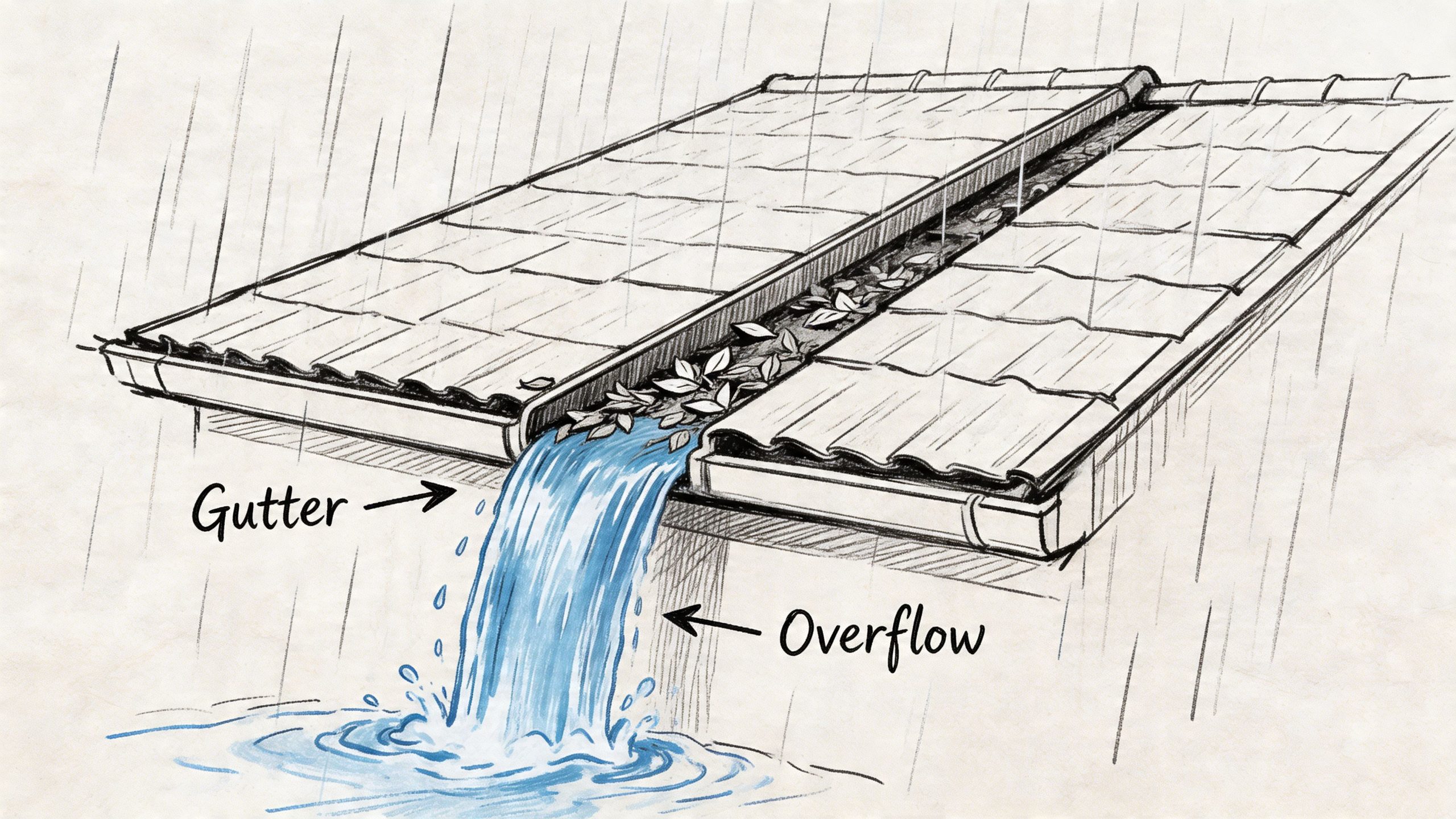 A pencil sketch of a house roof showing rainwater overflowing from a leaf-clogged gutter system.