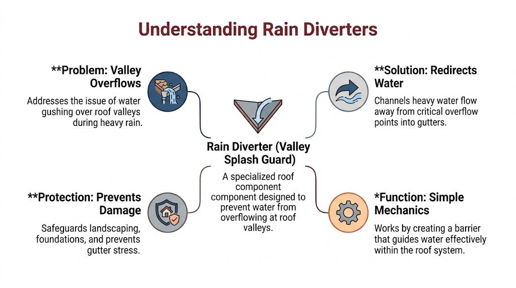 A diagram explaining rain diverters, also known as valley splash guards, used for roof water management.