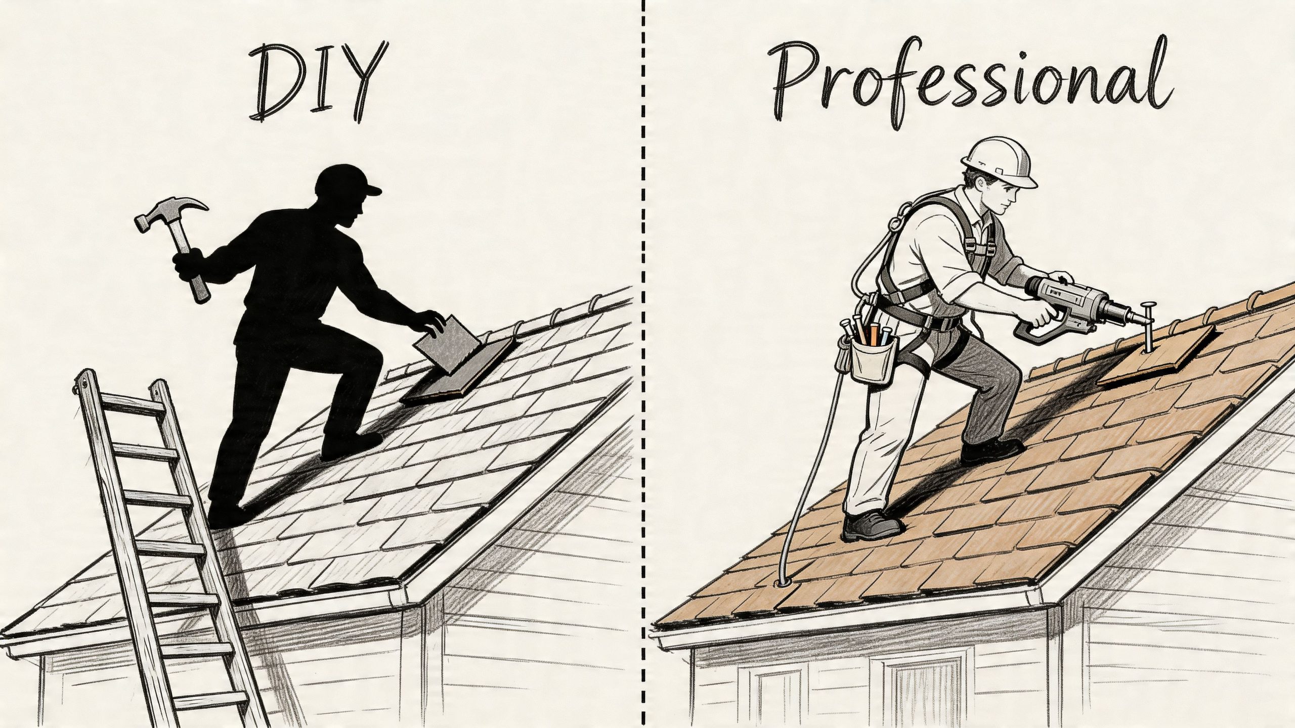 A split image comparing a DIY roof repair against a professional roofer using safety gear and equipment.