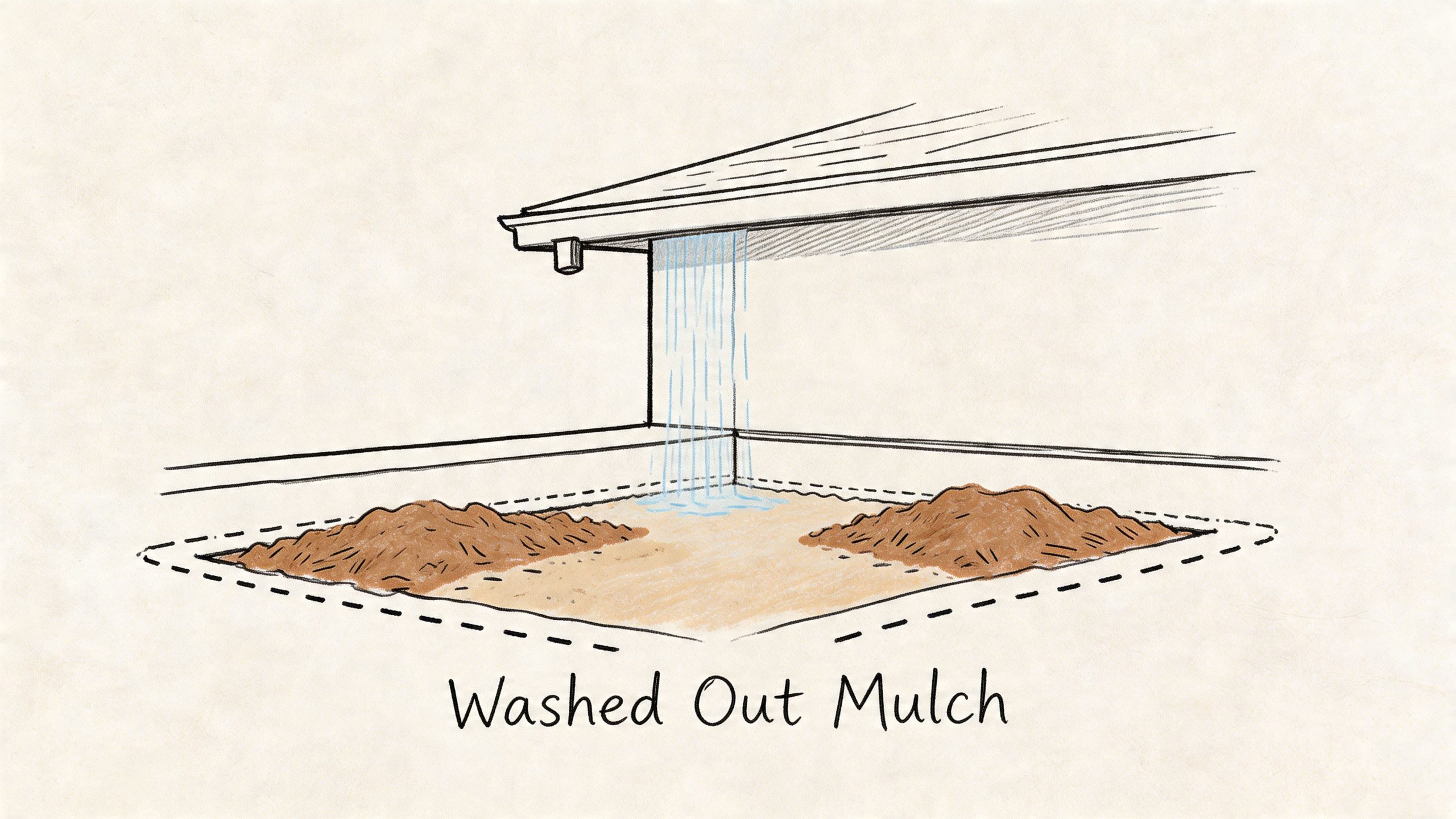 A hand-drawn illustration showing water cascading from a roofline onto a flower bed, causing washed-out mulch.