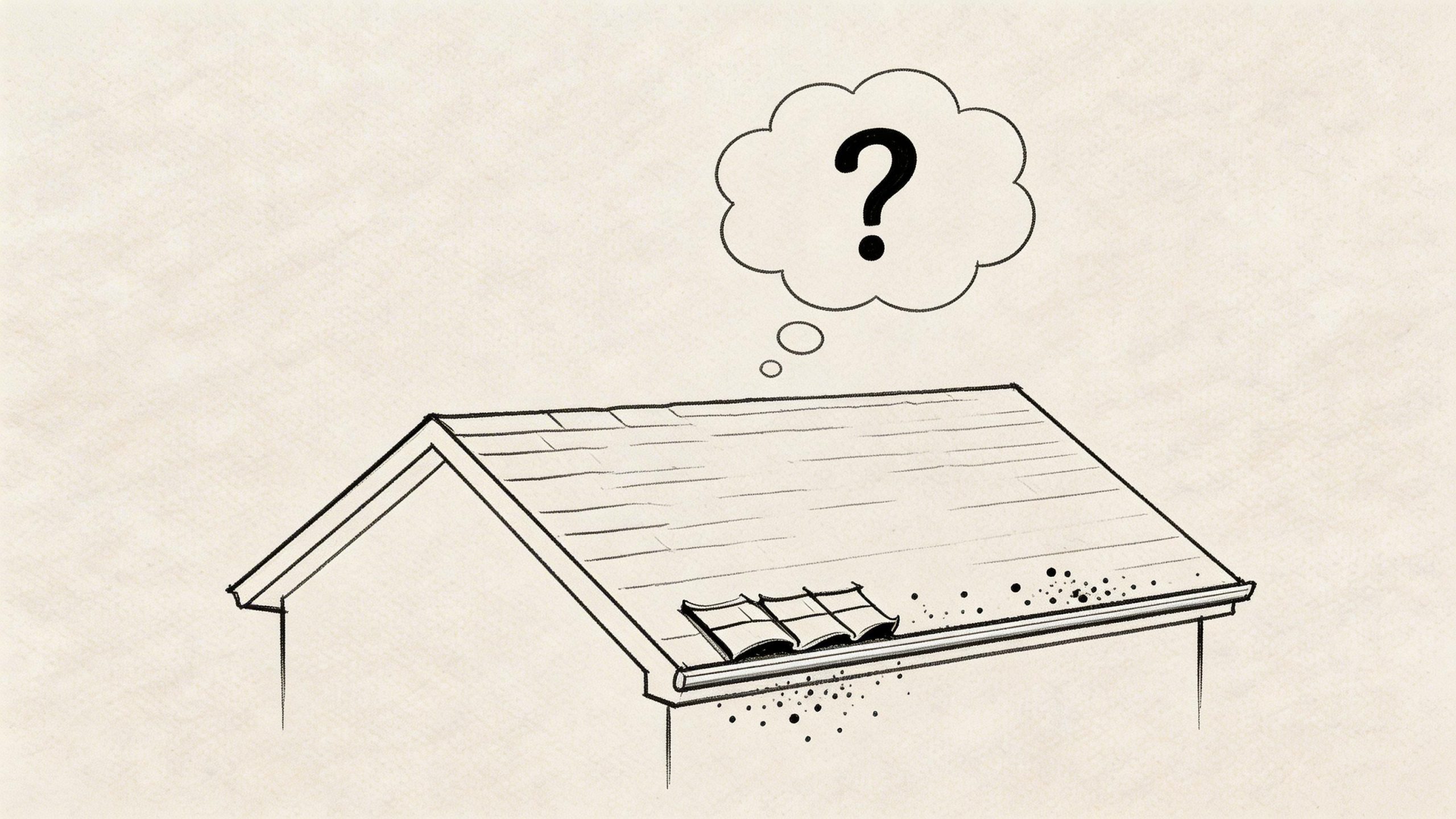 A simple sketch of a house roof showing damaged shingles and debris above a question bubble.