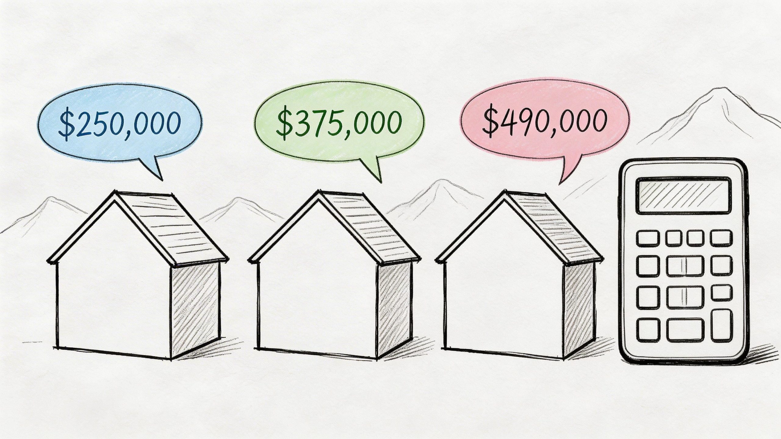 A hand-drawn illustration showing three houses with price tags and a calculator for cost estimation.