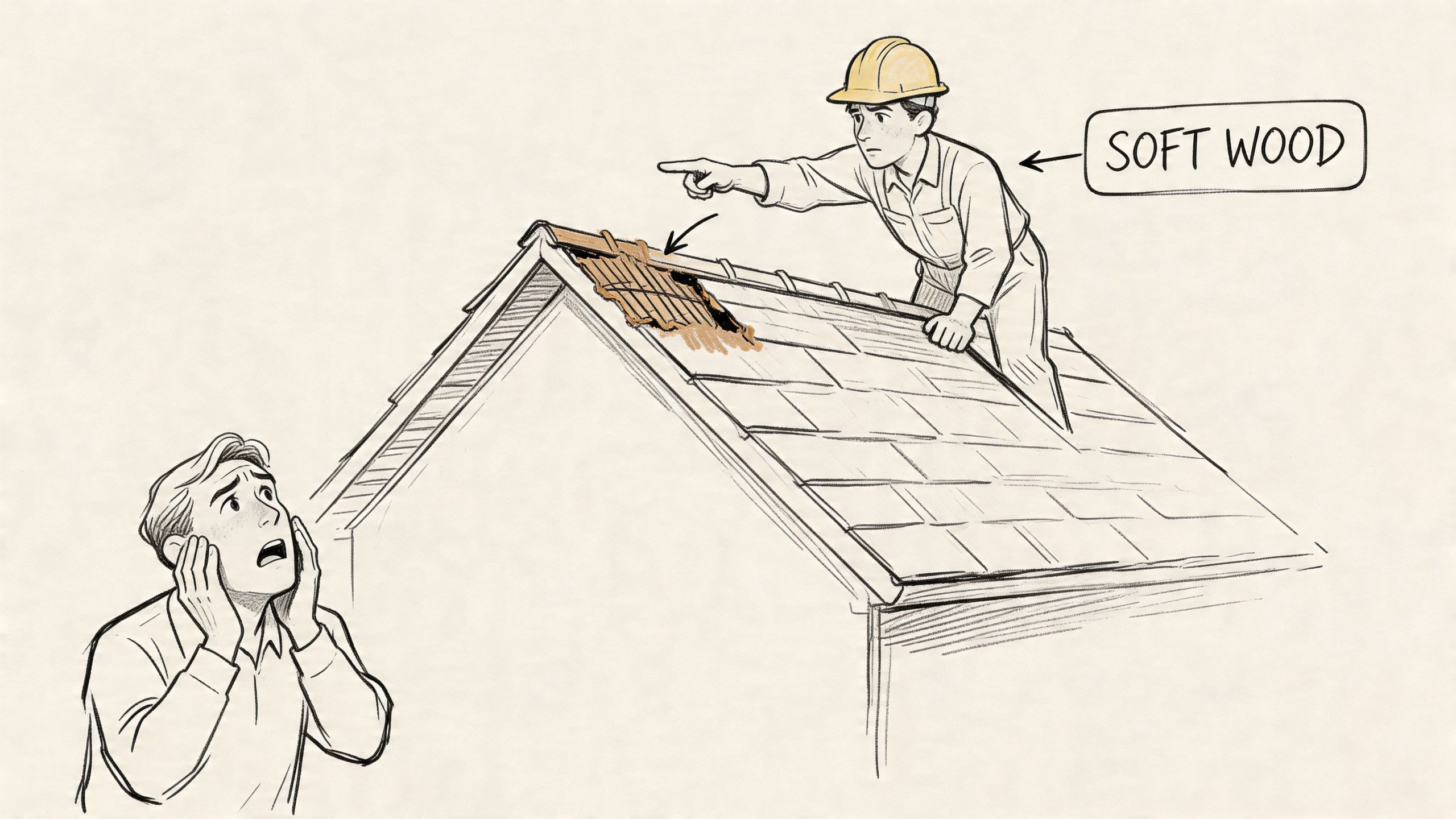A construction worker in a hard hat points to damaged, soft wood on a residential roof.