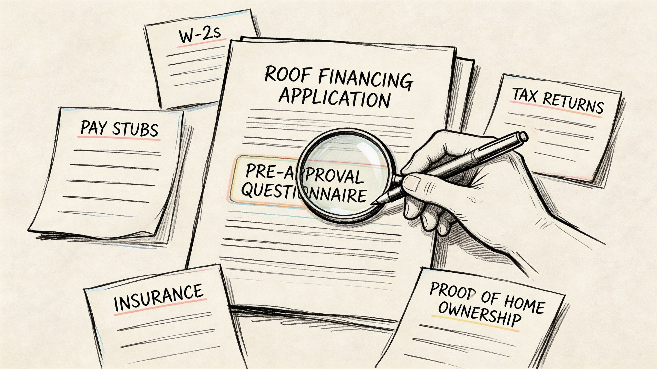 A hand using a magnifying glass to review a roof financing application with surrounding financial documents.
