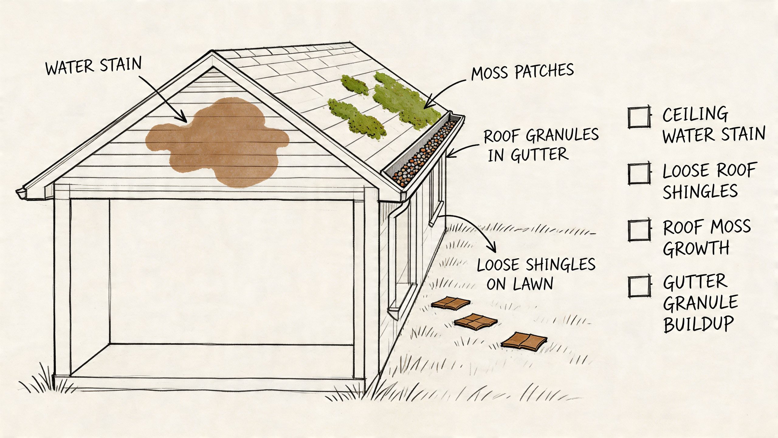 A diagram of a house showing various roofing issues including water stains, moss growth, and loose shingles.