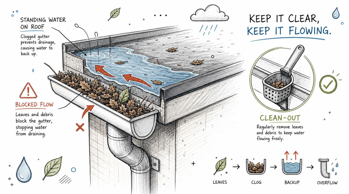 An educational illustration showing how clogged gutters cause water backup and standing water on a flat roof.