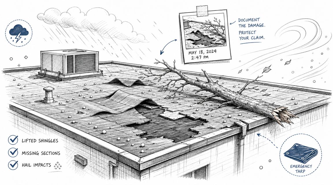 A sketched illustration showing a damaged commercial roof with tree debris, hail impacts, and lifted shingles.