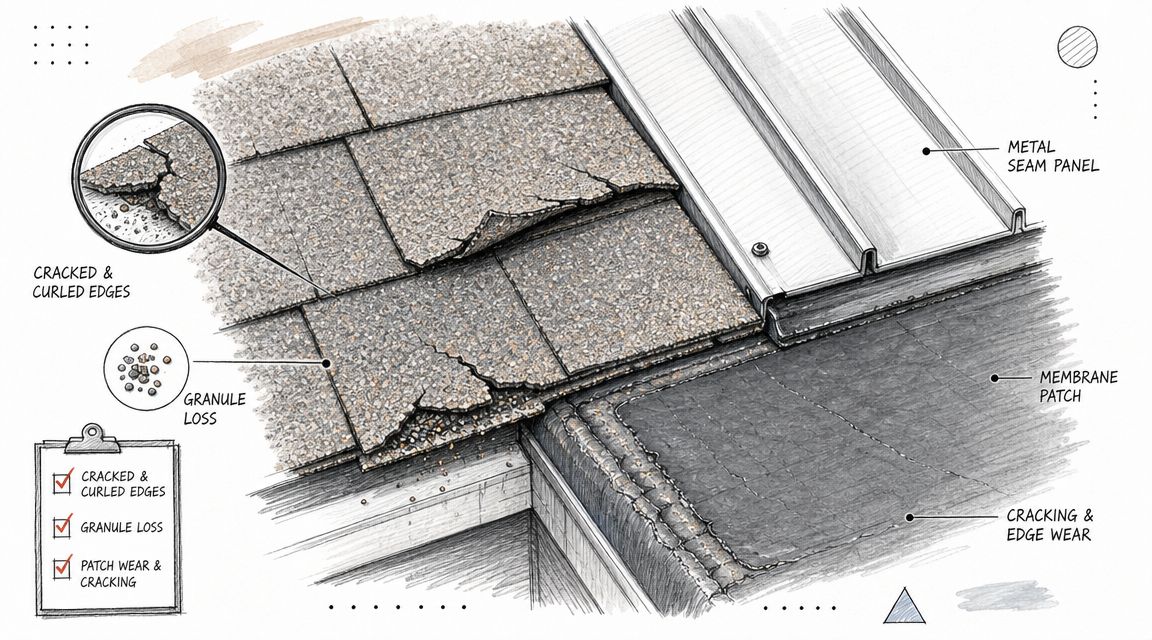 A detailed technical illustration showcasing common roofing problems like cracked shingles, granule loss, and membrane wear on roofs.