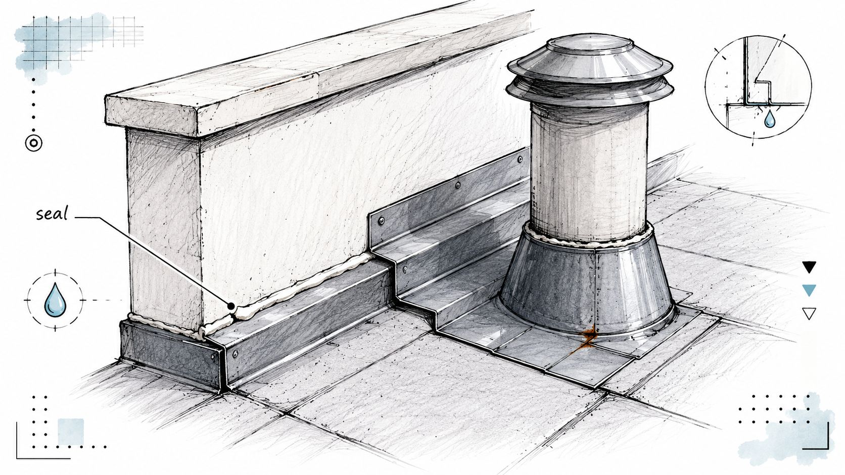 A detailed technical drawing illustrating roof flashing and sealing around a vent on a commercial roof.
