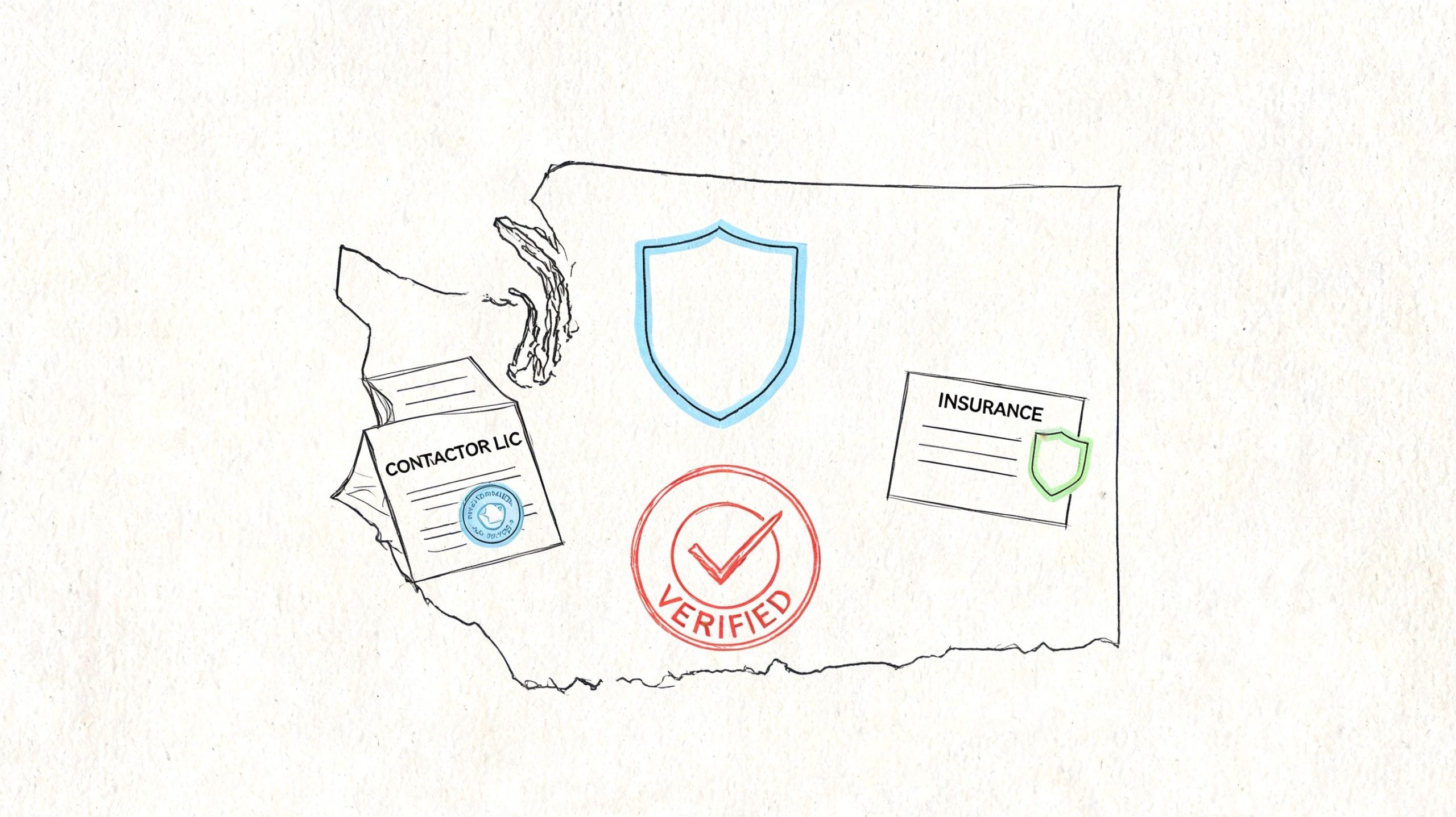 A hand-drawn illustration of Washington state with icons for contractor licensing, verified status, and insurance coverage.