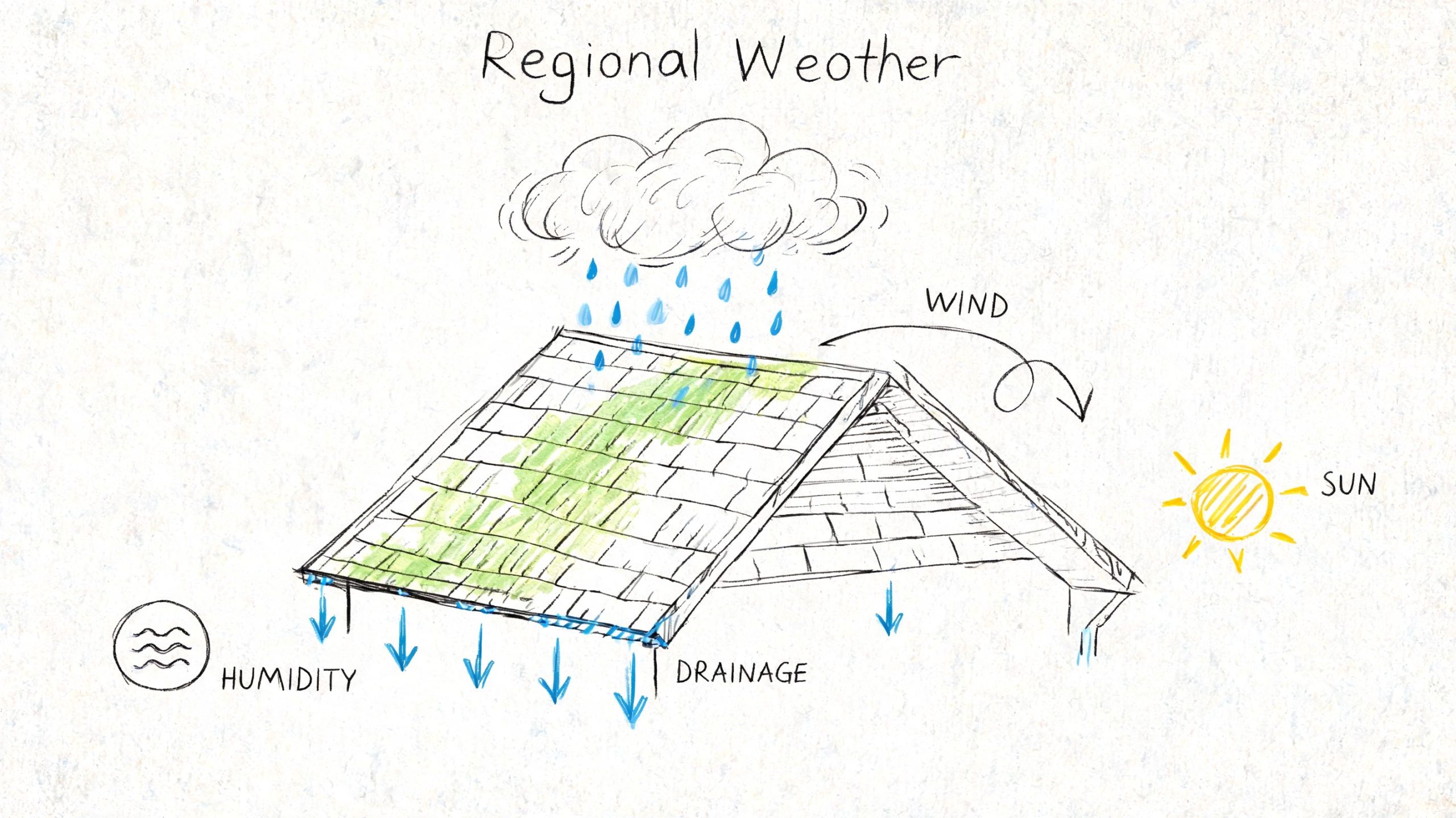A hand-drawn illustration depicting regional weather impacts on a house roof, including rain, wind, and sun.