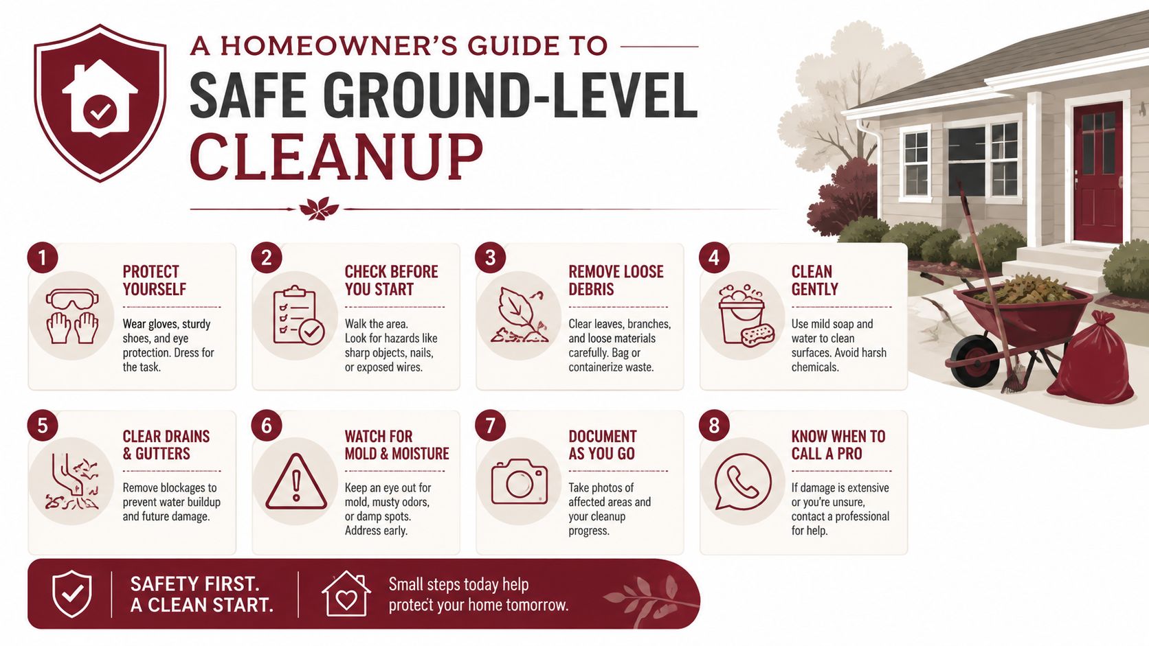 An infographic titled Homeowner's Guide to Safe Ground-Level Cleanup providing eight numbered safety and cleanup tips.