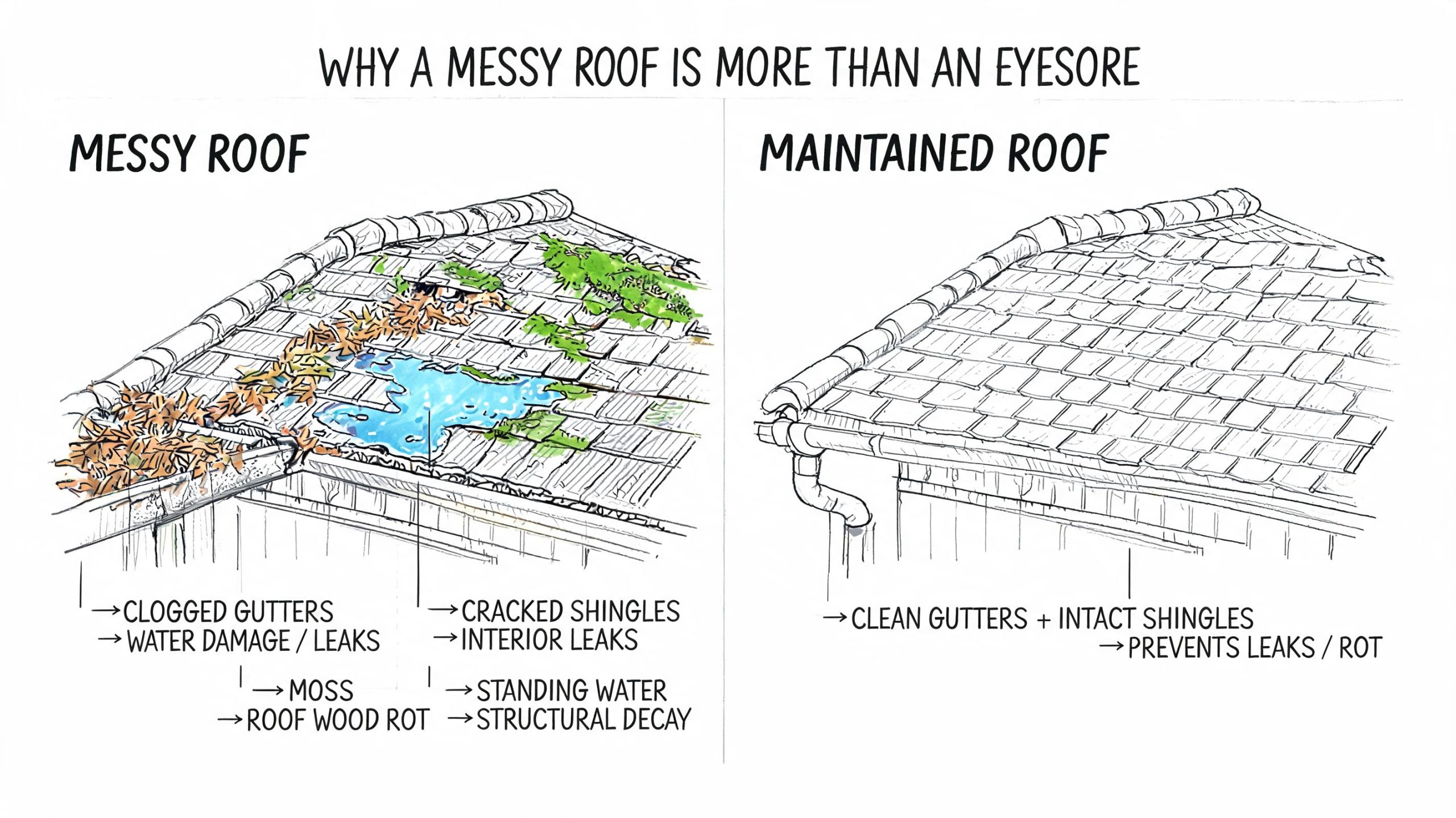 A diagram comparing a messy roof with debris and damage to a clean, well-maintained roof.