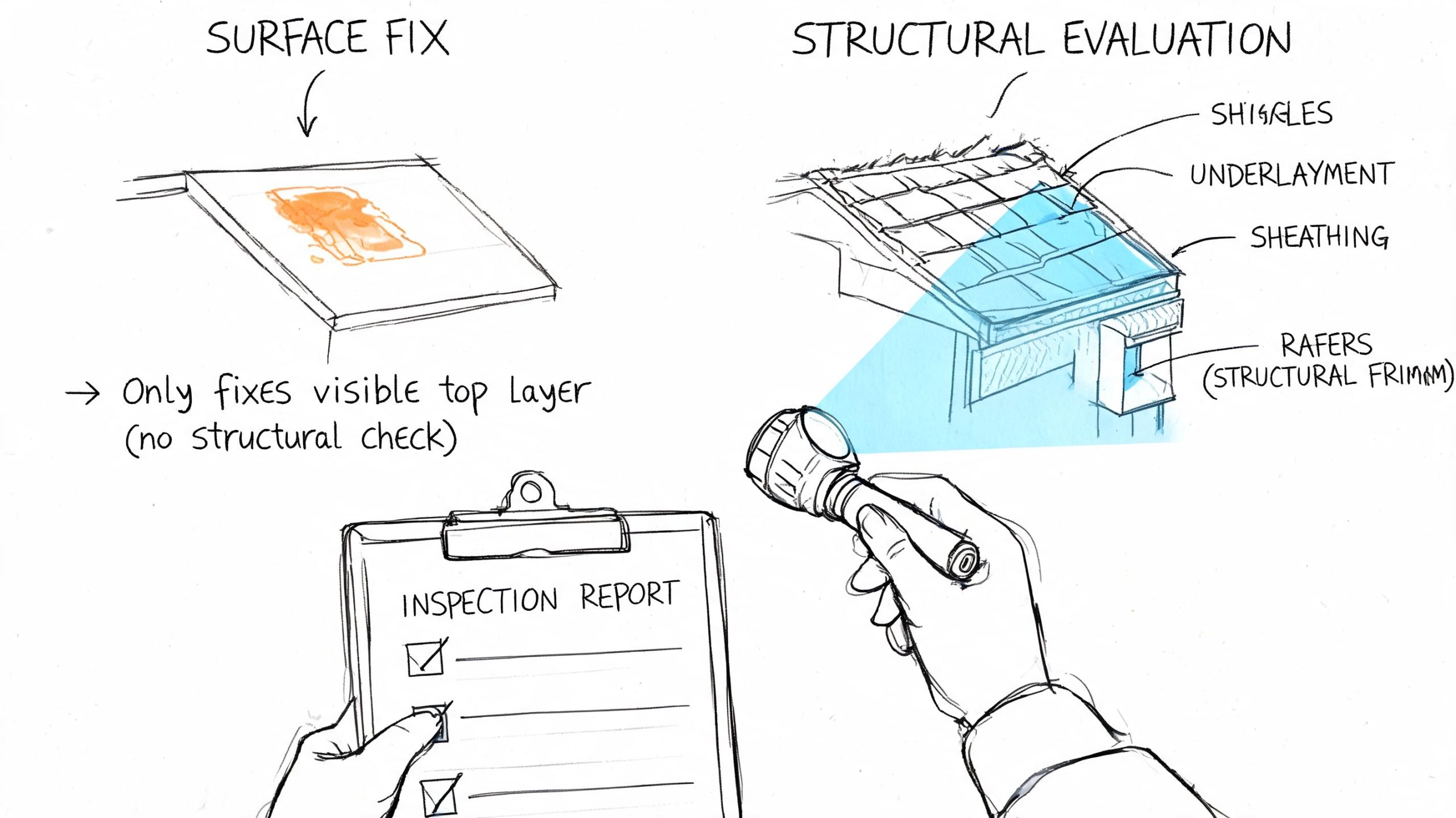 A diagram comparing a surface repair of a roof with a comprehensive structural inspection of roof framing.
