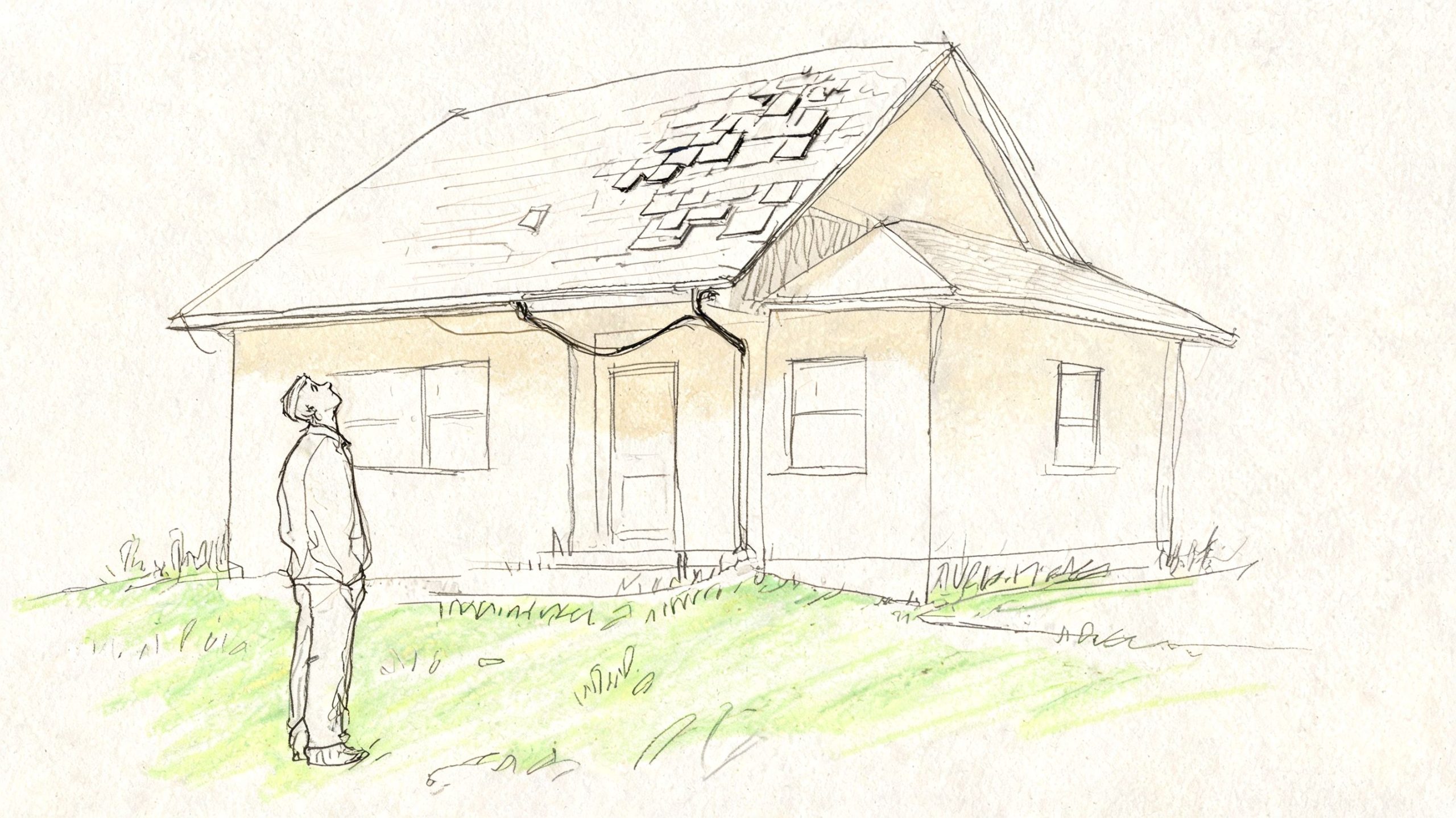 A man standing on a lawn looking up at a house with damaged roof shingles.