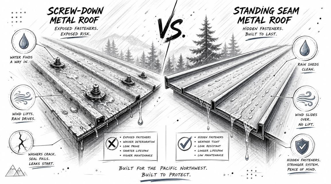 A comparative illustration showing the differences between screw-down and standing seam metal roofing systems in rainy conditions.