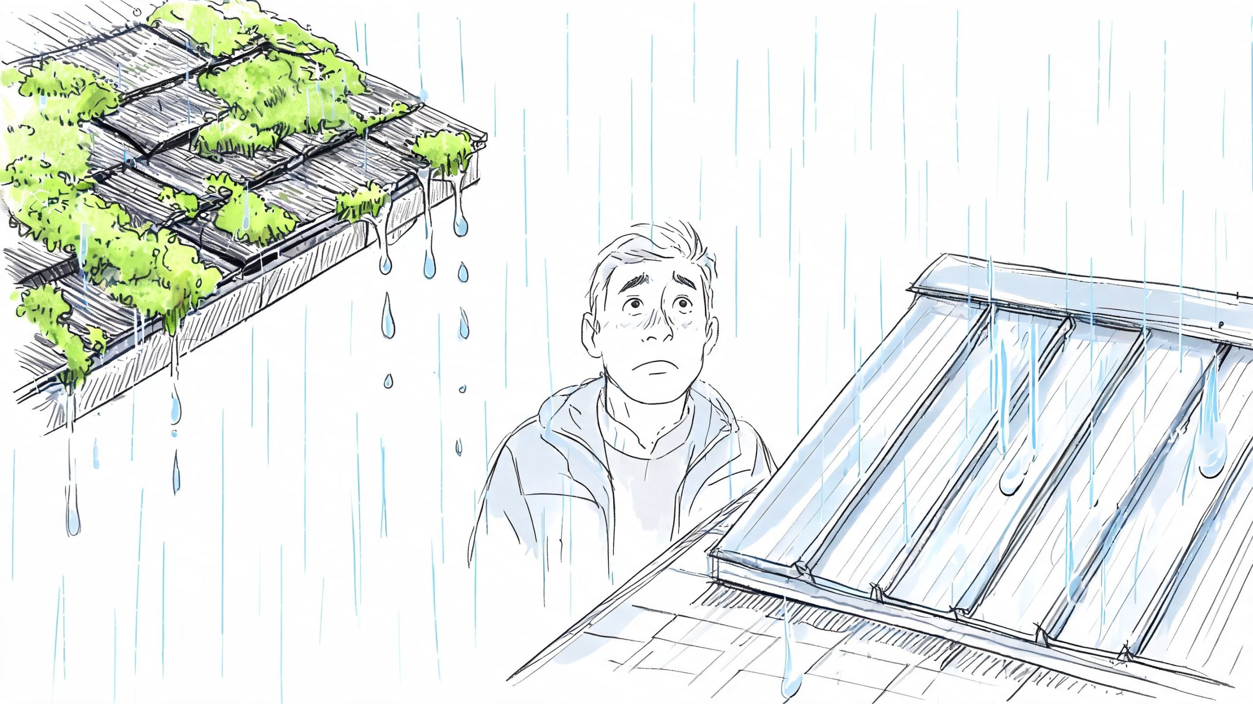 A worried man looking up at a rain-covered roof compared to a metal roof system.