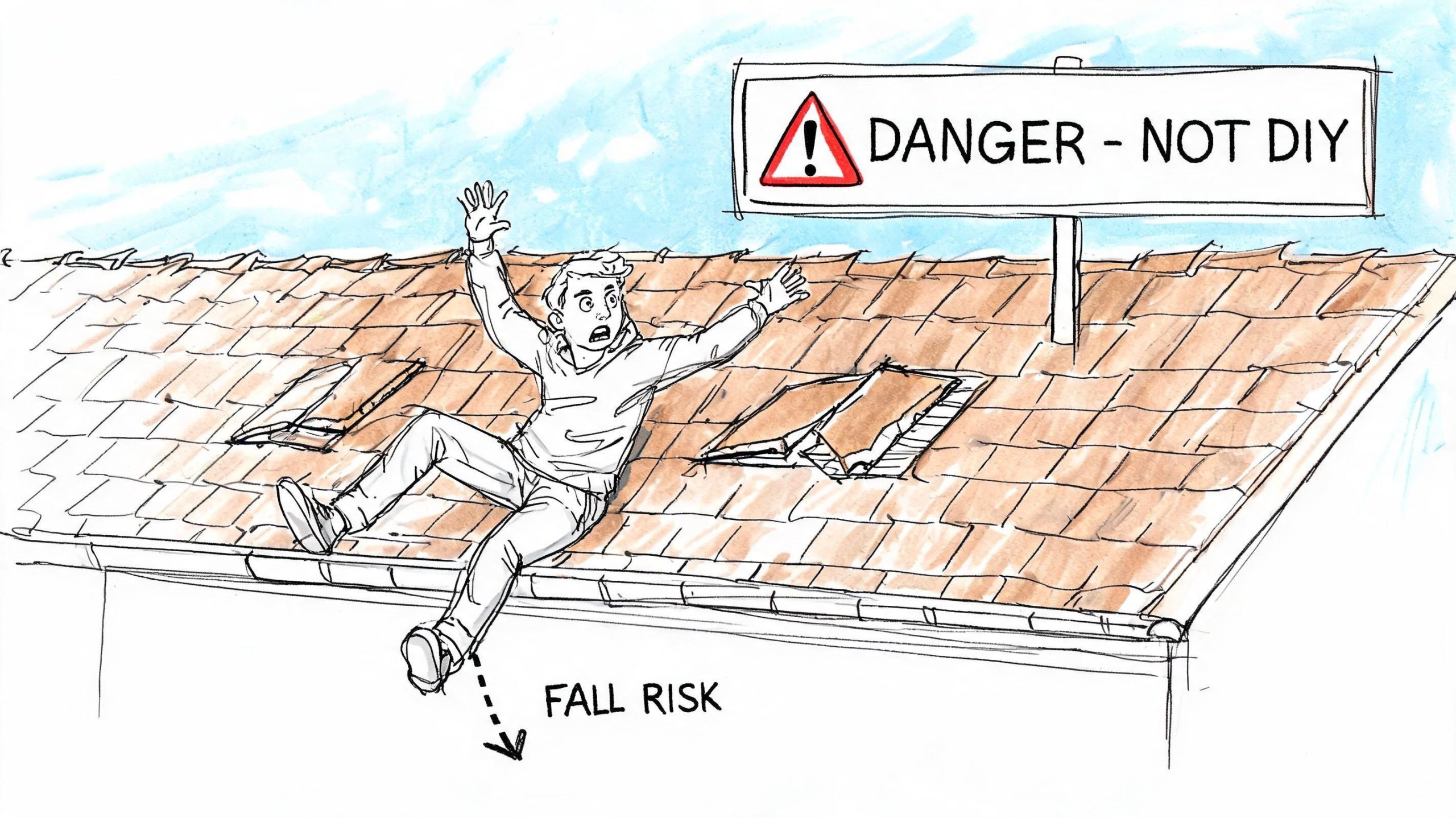 A hand-drawn illustration showing a man slipping off a roof, illustrating the dangers of DIY work.