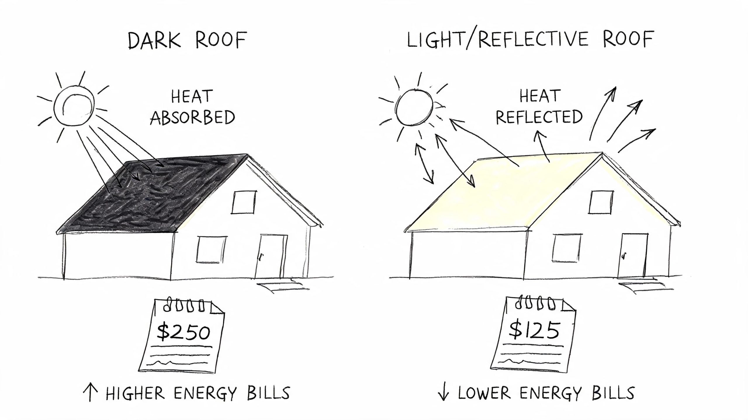 A diagram comparing heat absorption of a dark roof versus heat reflection of a light roof.