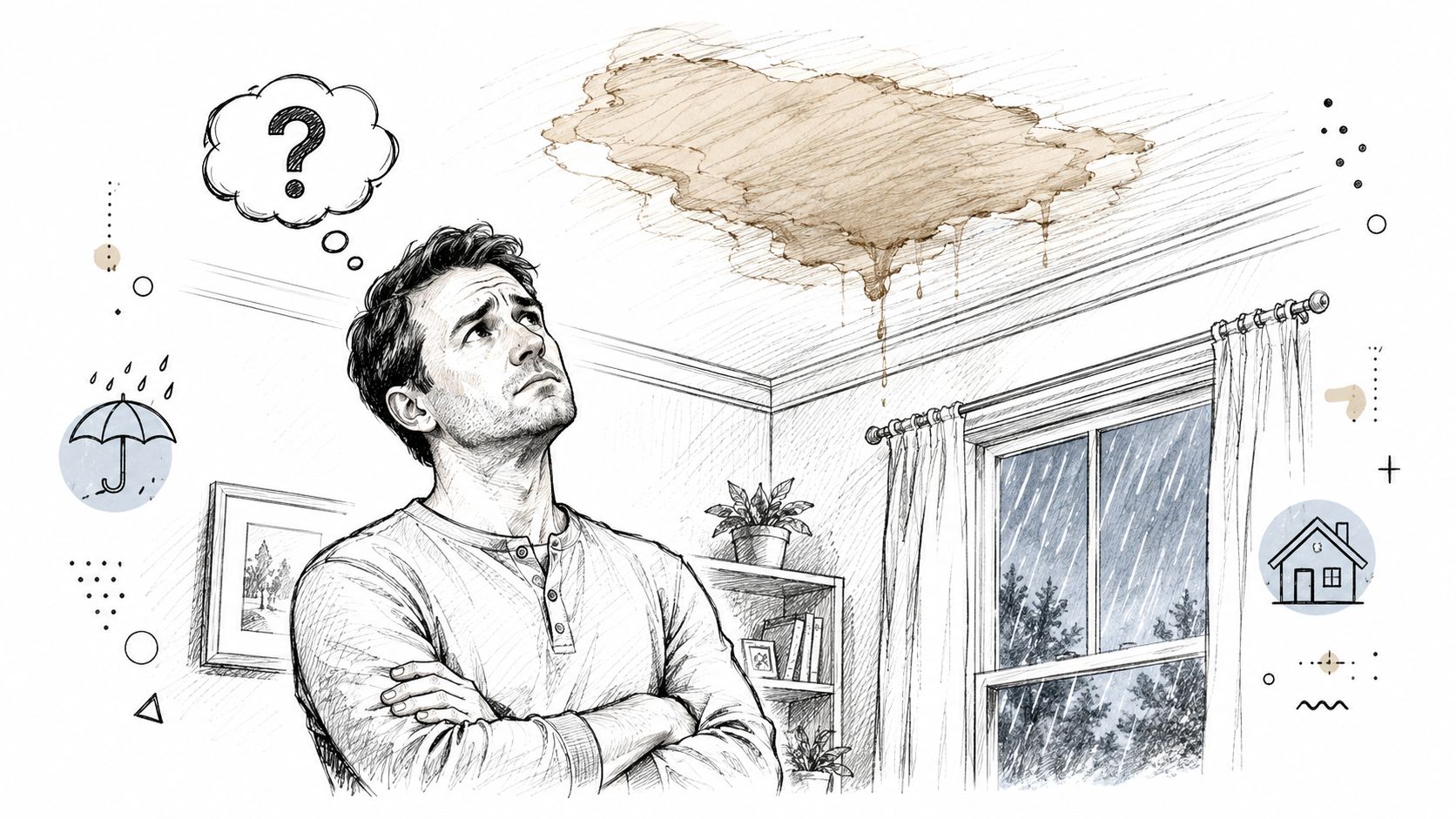 A concerned man looking up at a water leak stain on the ceiling during a rainstorm.