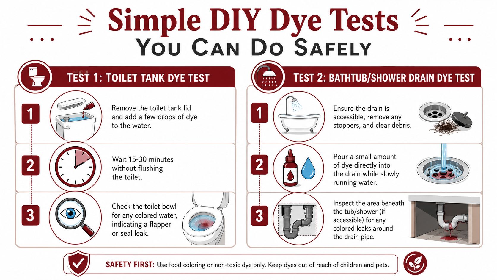 An infographic showing two simple DIY dye test methods to detect household plumbing leaks safely.