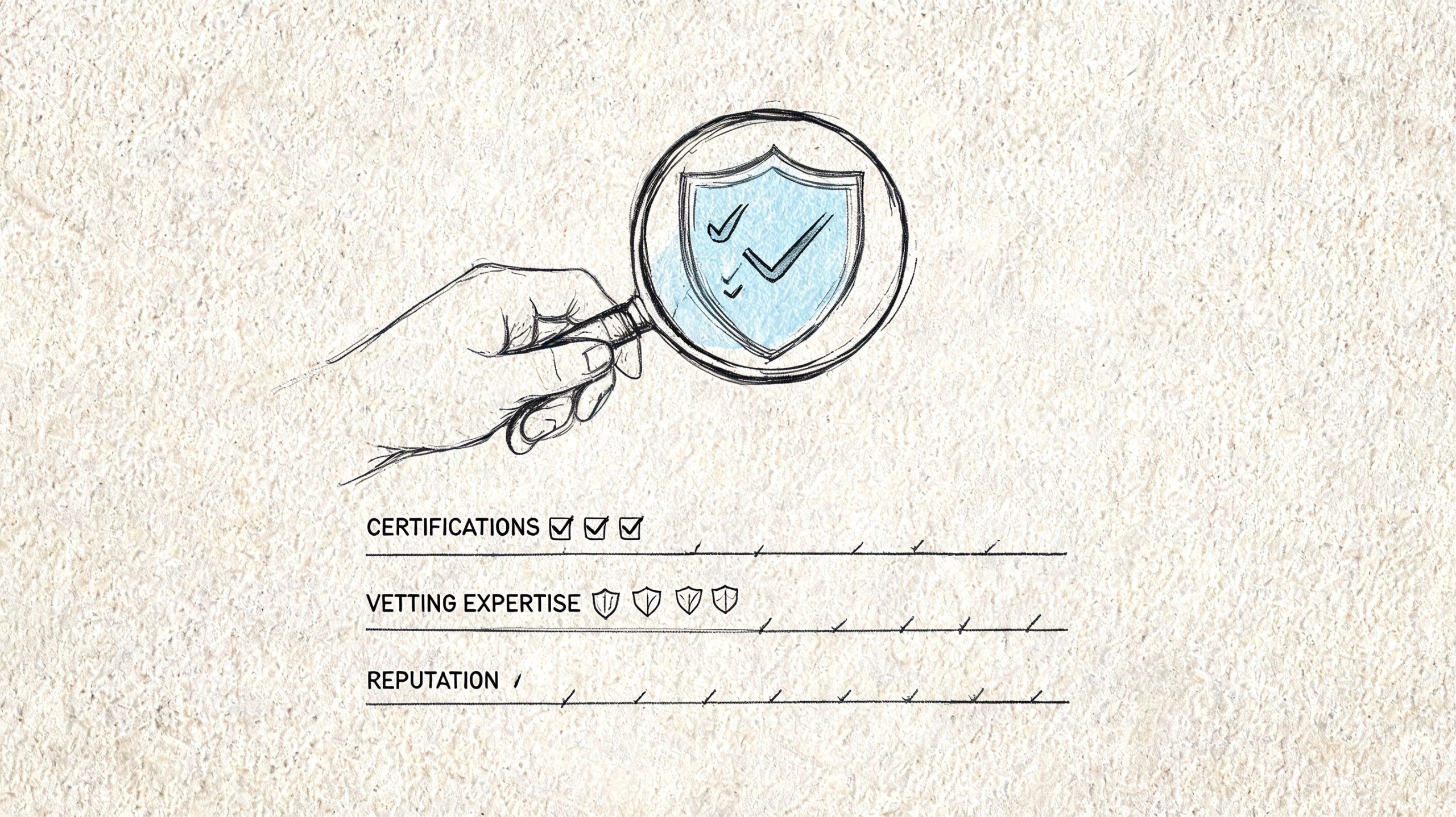 A hand holding a magnifying glass over a shield icon with checklists for certifications, vetting, and reputation.
