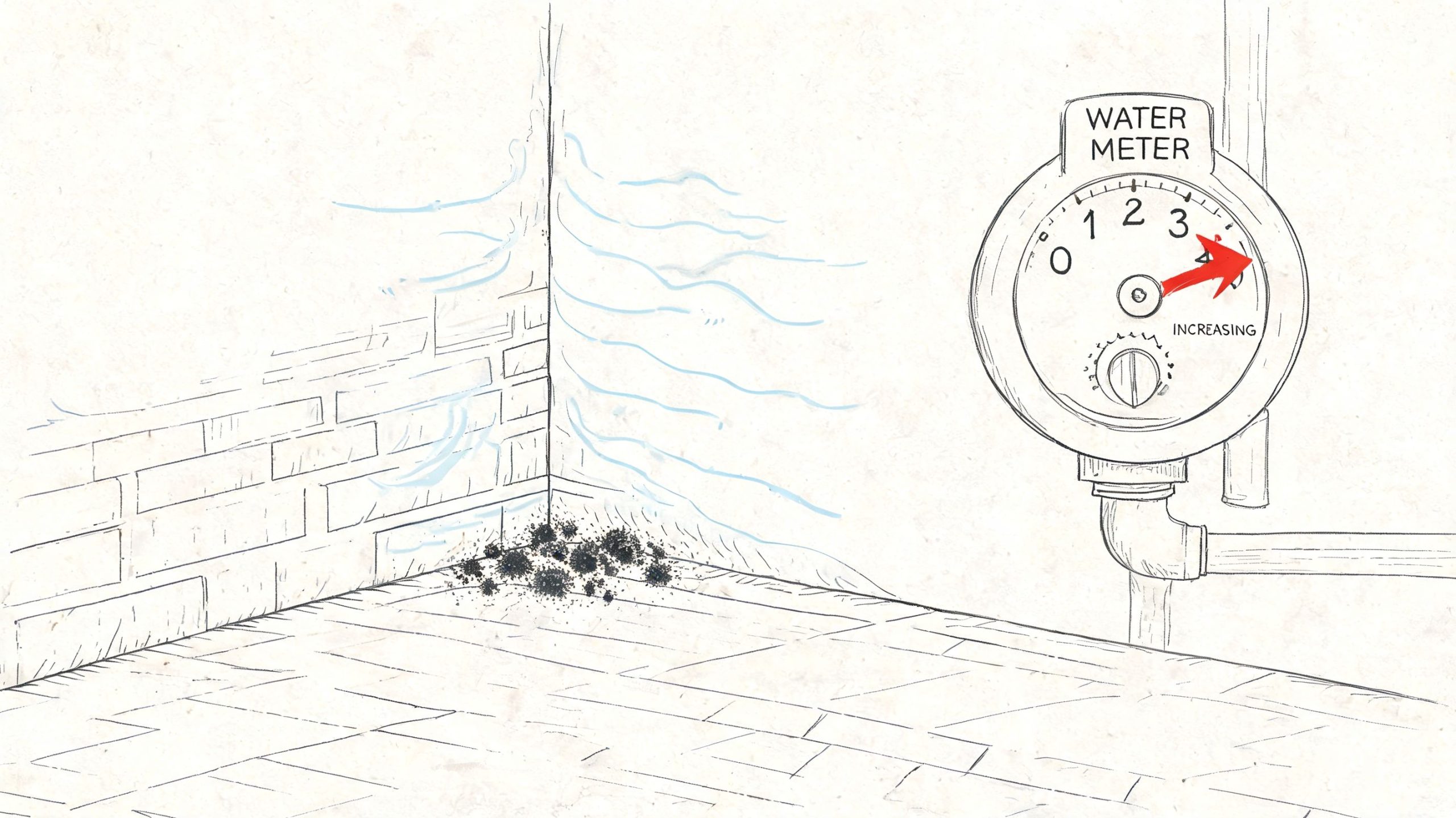 A conceptual line drawing showing a water meter with an increasing dial next to a damp, moldy corner.