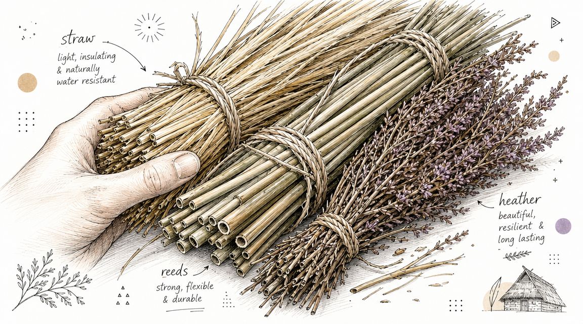 An artistic hand-drawn illustration showing three bundles of roofing materials: straw, reeds, and heather with descriptive text.