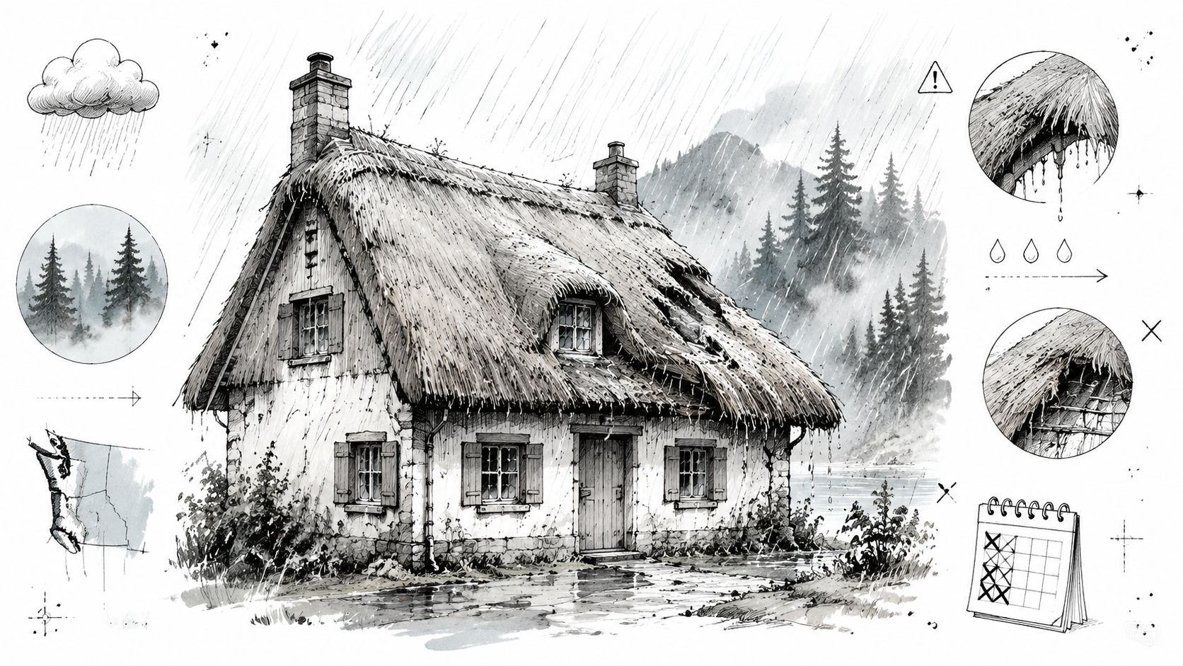 A detailed illustration of a thatched roof cottage in the rain with diagrams showing water drainage issues.