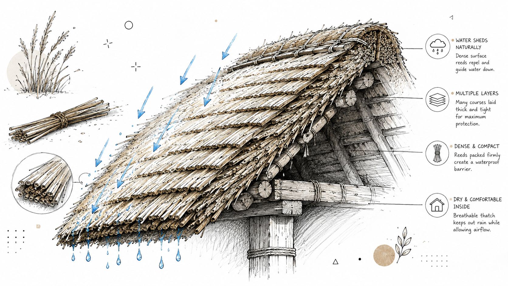 An illustrated diagram showing how a traditional thatched roof sheds water using layers of dense reeds.