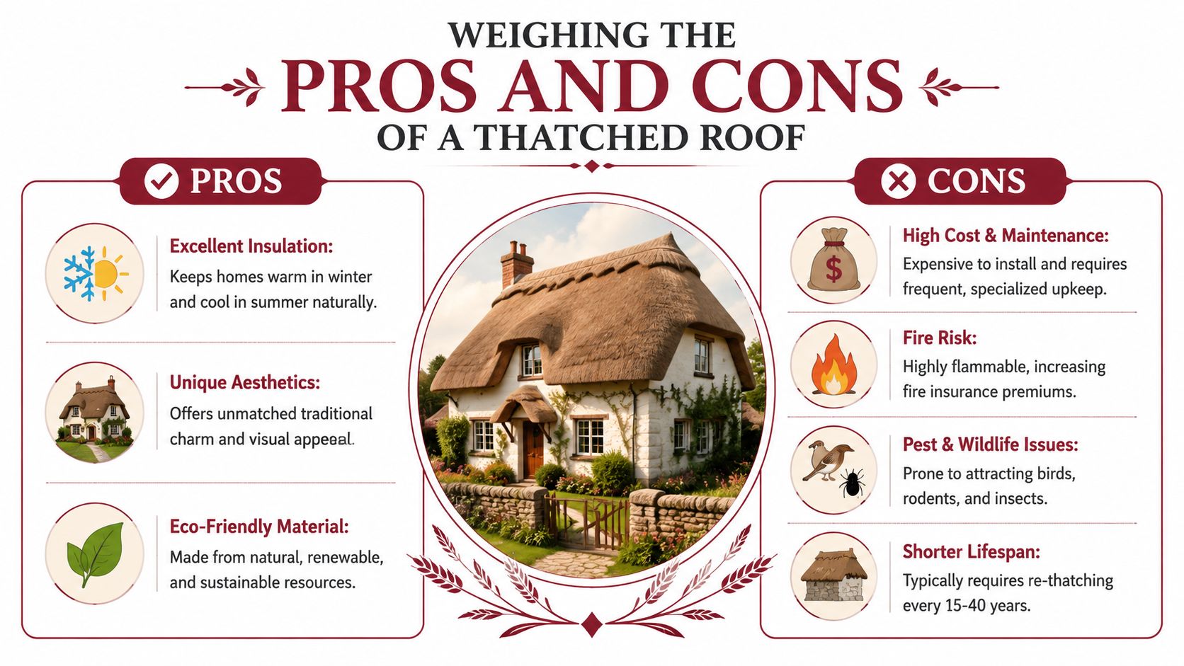 A visual comparison infographic outlining the pros and cons of having a traditional thatched roof house.