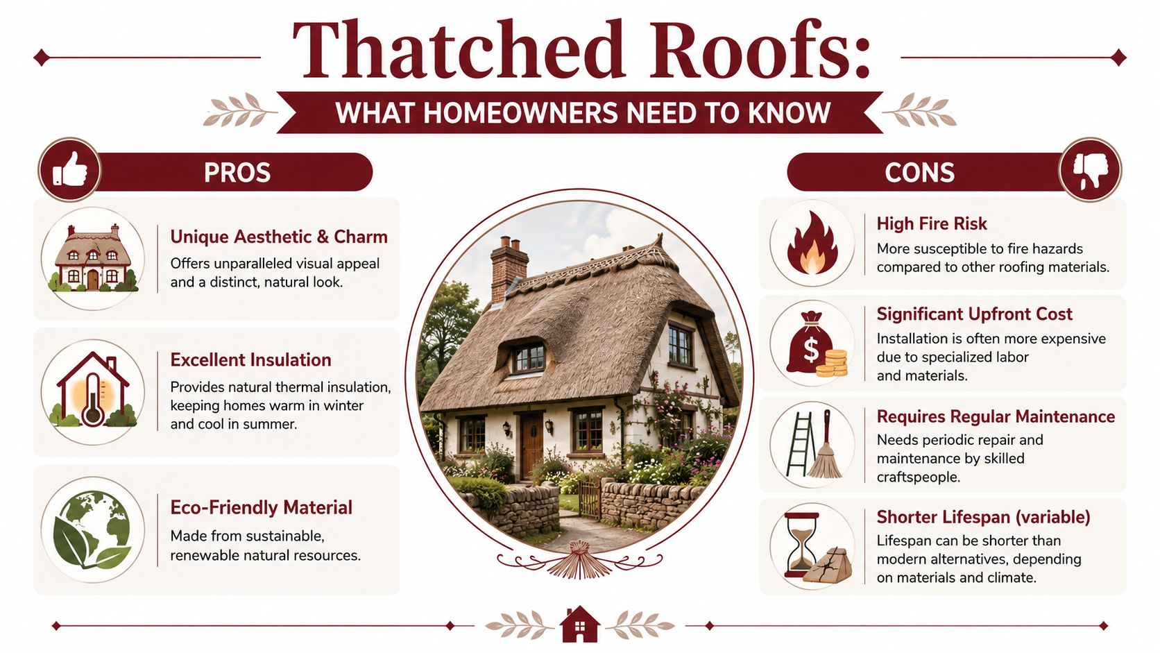 An infographic detailing the pros and cons of traditional thatched roofs on residential houses.