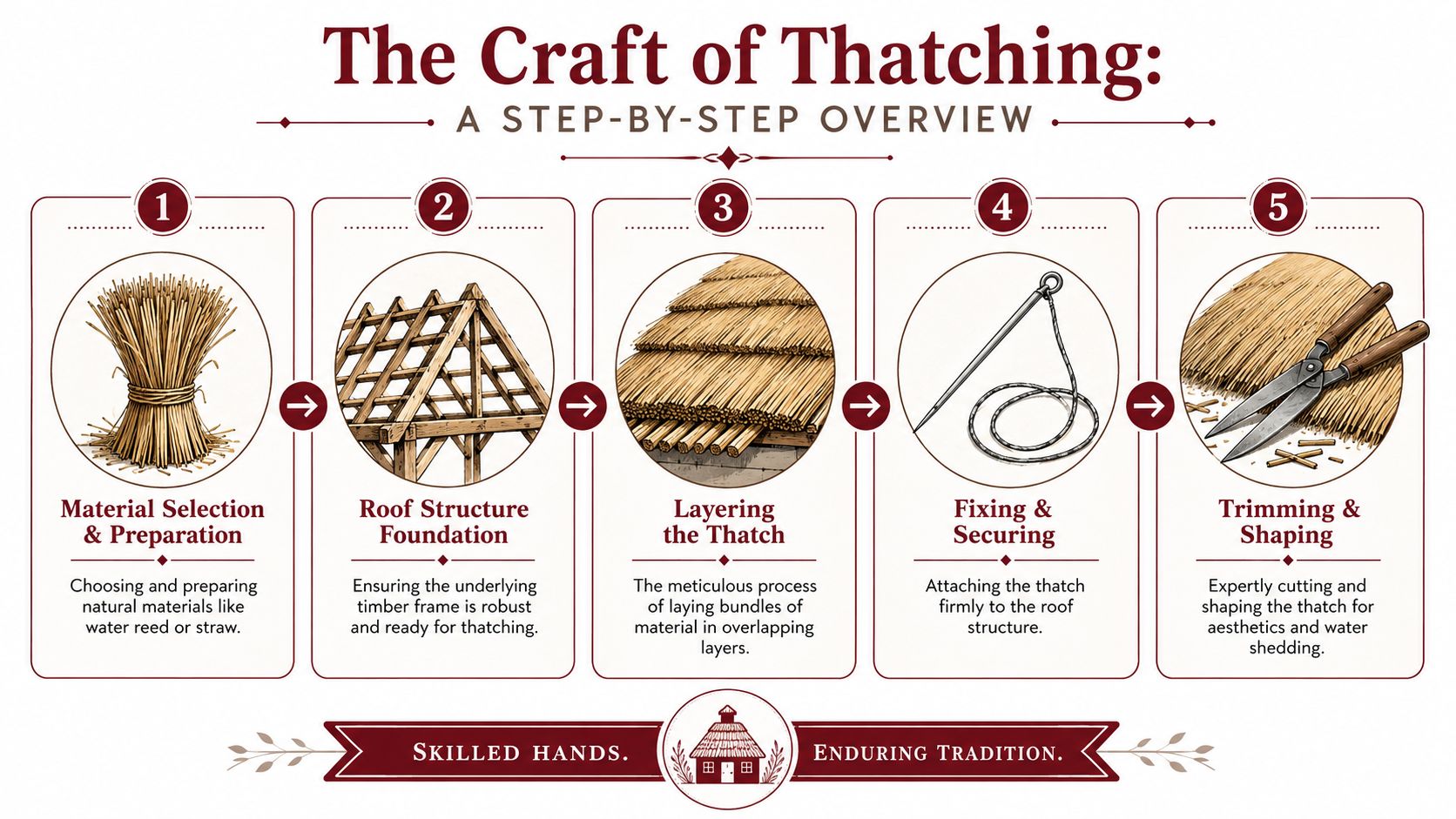 A step-by-step infographic illustrating the five-stage process of creating a traditional thatched roof for a building.