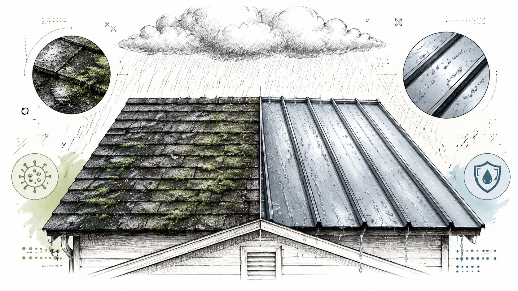 A split image comparing a moss-covered asphalt roof with a clean, water-shedding metal roof during rain.